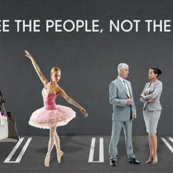 Four people—a tourist, a ballerina, a businessman, and a businesswoman—stand in parking spaces under the text, "We see the people, not the cars." Ace Parking logo is visible.