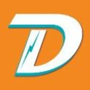 A bold white letter "D" with a blue outline and a lightning bolt inside, set against an orange background.