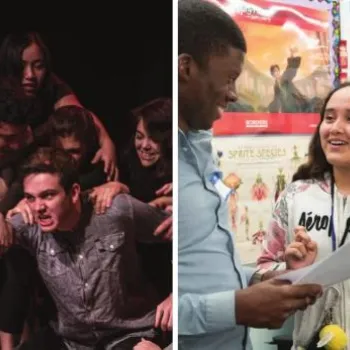 Four-panel collage showing: a woman assisting an elderly man with paperwork, a group performing on stage, two people talking, and three people at an award presentation.