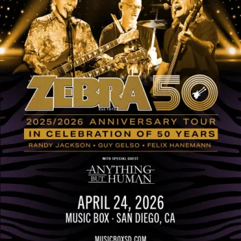 Three men perform on stage with guitars and microphones. Text promotes Zebra's 50th anniversary tour in 2025/2026, with a San Diego show on April 24, 2026.
