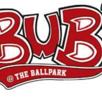 Logo for "Bub's @ The Ballpark" with bold red and white lettering and a red swoosh underline.