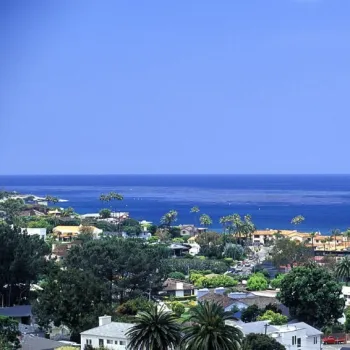 A coastal town with houses, palm trees, and greenery in the foreground, and the blue ocean and sky in the background.
