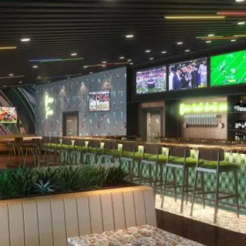 Modern sports bar with a long counter, green barstools, multiple TVs showing sports, shelves of bottles, and contemporary decor with plants and abstract wall art.
