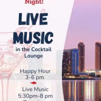 Promotional flyer for The Fish Market's Sunset Sessions, advertising live music in the cocktail lounge every Tuesday night with happy hour from 3-6pm in San Diego Bayfront.