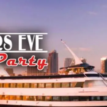 A large white yacht labeled "Spirit of San Diego" is docked with a city skyline in the background. Text reads: 17th Annual New Years Eve Yacht Party.