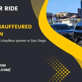A chauffeur in a black suit stands beside a black SUV on a city street, promoting Defender Ride’s chauffeured transportation services in San Diego. Contact details are displayed.