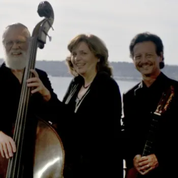 Five musicians dressed in black, standing outdoors with musical instruments, including a double bass, guitar, and violin, with a body of water and shoreline in the background.