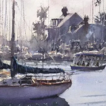 Watercolor painting of sailboats docked in a marina with buildings and trees in the background, reflecting on the calm water.