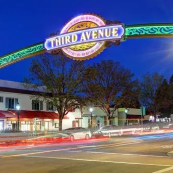 Illuminated archway sign reading "Third Avenue" spans a busy street at dusk, with storefronts, trees, streetlights, and car light trails visible.