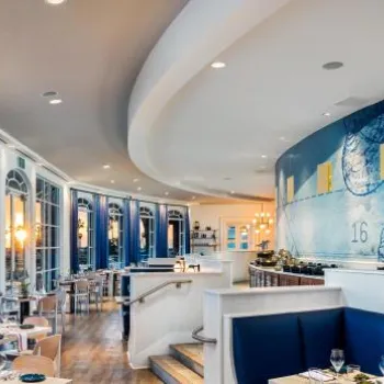 Modern restaurant interior with blue and white decor, curved ceiling, wall art featuring seashells, and neatly set tables with large windows letting in natural light.