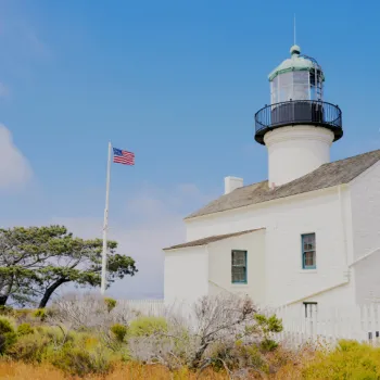 A white lighthouse with a green-topped lantern stands beside an American flag on a flagpole, surrounded by shrubs and a clear blue sky.