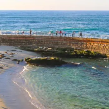 A curved stone seawall extends into the ocean, with people walking along it; sandy beach and scattered rocks in the foreground, waves crashing in the background.