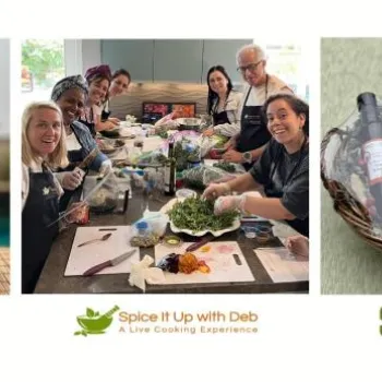 Collage showing a San Diego spice set, a group cooking class, and a gift basket with spices; logos for San Diego, Spice It Up With Deb, and Spice + Leaf are at the bottom.