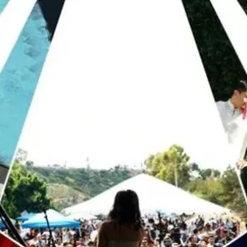 Collage featuring cultural performers, an outdoor crowd under a white tent, and close-up images of art and music at a festival.