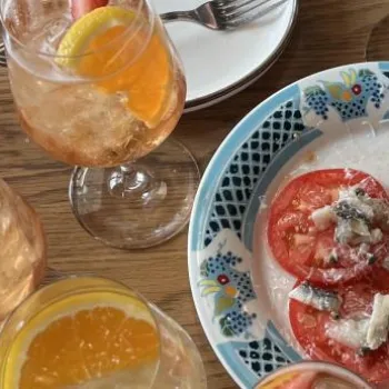 Several glasses of iced drinks with citrus slices and a plate with sliced tomatoes and anchovies on a wooden table set with dishes and cutlery.