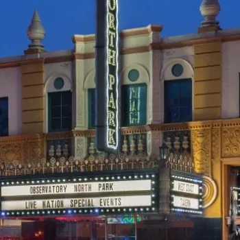 A historic theater building at dusk with a lit marquee reading "Observatory North Park Live Nation Special Events.