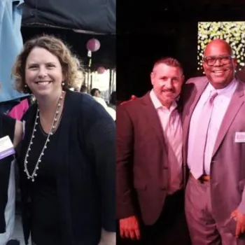 Two groups of people pose for photos at different events, one outdoors near a restaurant sign and the other indoors on a stage with a "San Diego Business Journal" backdrop.
