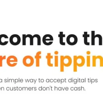 Banner with the text "Welcome to the future of tipping" and "Bepo is a simple way to accept digital tips when customers don't have cash," surrounded by icons and photos of smiling people.