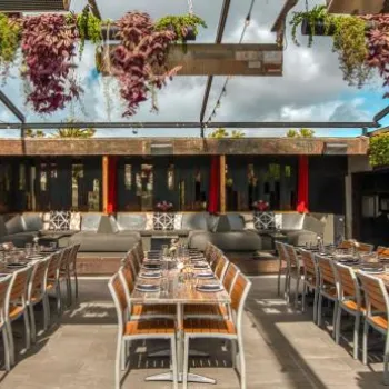 Outdoor restaurant patio with wooden tables and chairs, hanging plants, disco balls, bar area, and modern decor under a partially open roof.
