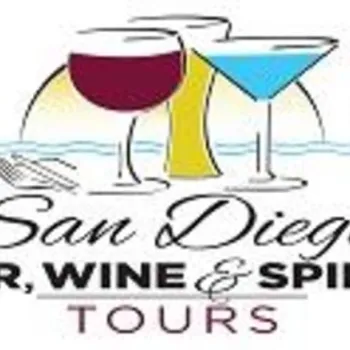Logo for San Diego Beer, Wine & Spirits Tours featuring illustrations of a wine glass, a martini glass, and a beer glass with a sun and water in the background.