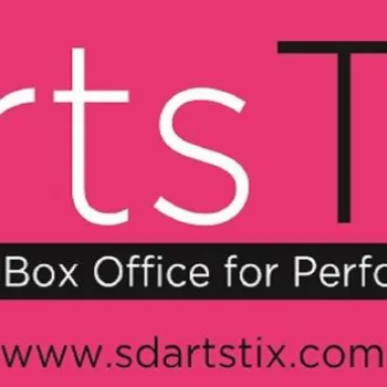 ArtsTix logo on pink background with the text "San Diego’s Box Office for Performing Arts" and website "www.sdartstix.com" displayed.