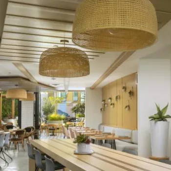 Modern restaurant interior with wooden tables, light gray chairs, woven pendant lights, and natural light coming through large windows.