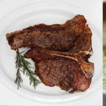 A cocktail topped with coffee beans, a grilled T-bone steak garnished with rosemary, and a dessert with ice cream and berries are shown side by side.
