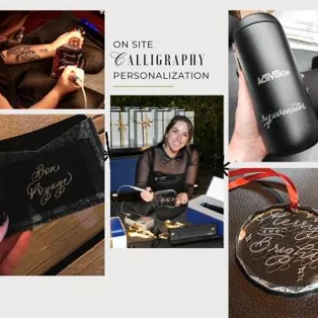 A collage showing signage, murals, calligraphy on various items like bags and bottles, and a person writing personalized calligraphy on-site.