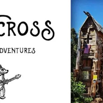 Logo reading "Fort Cross Old Timey Adventures" with a drawing of an armadillo playing a banjo, next to a photo of a rustic wooden fort with a Fort Cross sign and American flag.