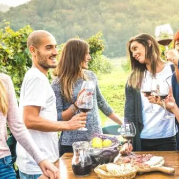 Eight people stand outdoors around a table with food and drinks, talking and laughing, with vineyards and hills in the background.