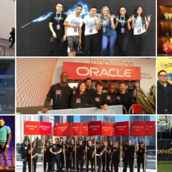 A collage of diverse groups of people posing at various corporate and event settings, including branded backgrounds and organized group activities.