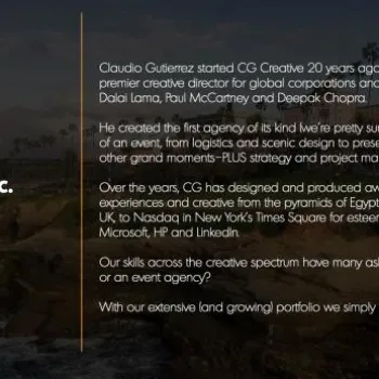 Corporate overview slide for CG Media Design Inc., established 2004, with 35 employees, describing services and notable clients, including logistical support and event management.