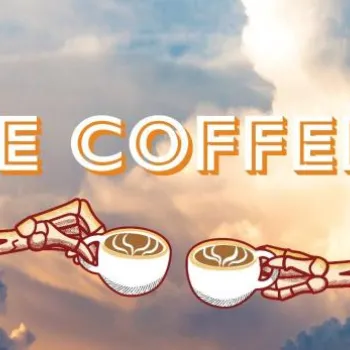 Illustration of two skeletal arms holding coffee cups together below the text "SURJE COFFEE CO." against a cloudy sky background.