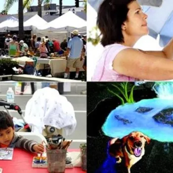 A collage shows a street fair with tents, a woman sculpting clay, a child painting at a table, and artists creating colorful 3D chalk art on the pavement.
