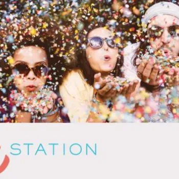 Five people wearing sunglasses blow colorful confetti toward the camera. The text reads "Selfie Station" with a phone number and website below.