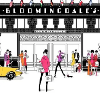 Illustration of people shopping outside Bloomingdale's with mannequins in the windows, shoppers holding bags, a yellow taxi, and a city street scene.