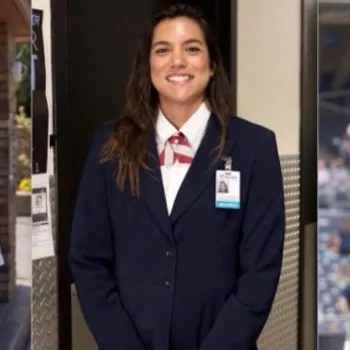 Three security personnel are shown: one in a light blue uniform, one in a dark suit, and one in a red polo shirt, each wearing an ID badge.