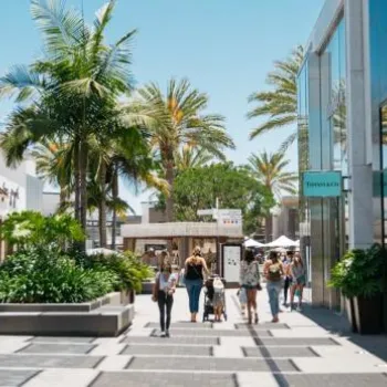 People walk through an outdoor shopping mall lined with modern storefronts, palm trees, and greenery under a clear blue sky.