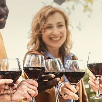 A group of people outdoors smiling and clinking glasses of red wine together in a celebratory toast.