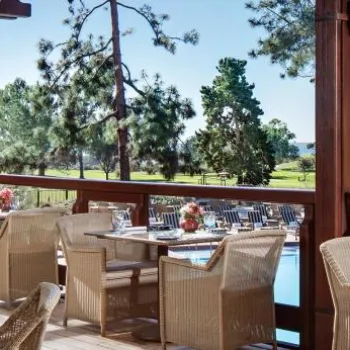 Outdoor restaurant patio with wicker chairs and set tables overlooks a swimming pool and a green park area with trees under a clear sky.