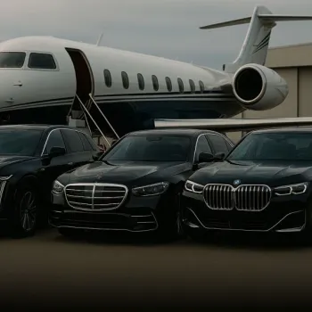 Three black luxury cars are parked in front of a private jet on an airport tarmac.