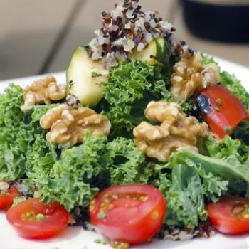 A plate of salad with kale, cherry tomatoes, walnuts, quinoa, and sliced cucumber on a white square dish.