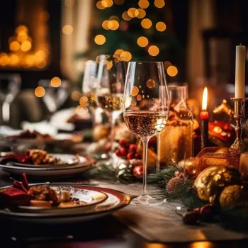 A festive dining table set with plates of food, wine glasses, candles, and holiday decorations, with warm bokeh lights in the background.