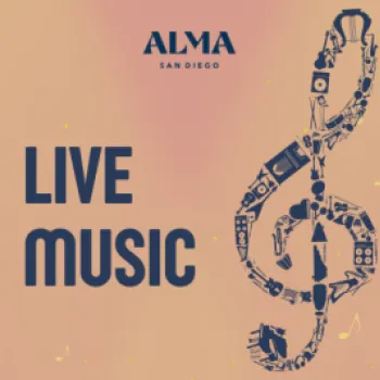 A graphic with the words "ALMA SAN DIEGO LIVE MUSIC" and a large treble clef made of musical and audio icons on a pink background.