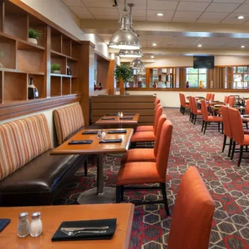 A modern restaurant dining area with orange chairs, wooden tables set with napkins and cutlery, carpeted floor, and shelves with small plants. The room is well-lit and empty.