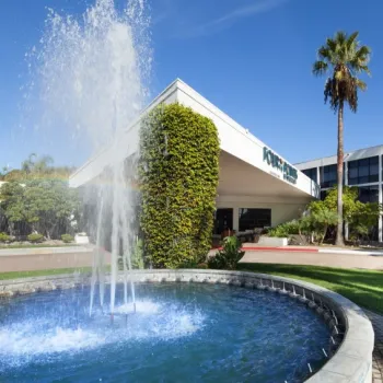 A large modern building with a sign reading "Polynesian," seen behind a circular fountain, palm trees, and landscaped greenery under a clear blue sky.