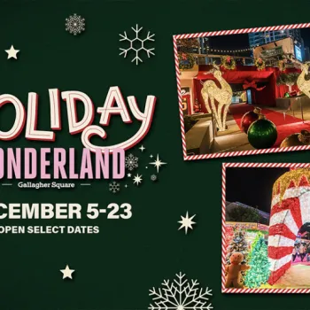 Promotional poster for Holiday Wonderland at Gallagher Square, featuring event dates, festive decorations, costumed characters, and holiday-themed displays.