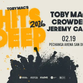 Concert poster for TobyMac's Hits Deep 2026, featuring TobyMac, Crowder, and Jeremy Camp, on February 19 at Pechanga Arena San Diego with a crowd silhouette at the bottom.