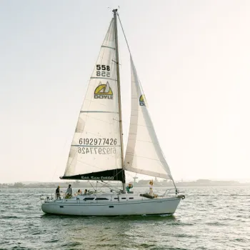 Two sailboats with white sails are on the water under a clear sky. One boat in the foreground displays the number 558 and has several people on board.