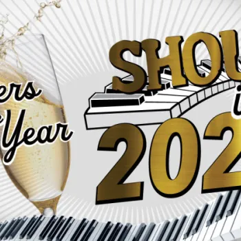 Two champagne glasses clink with "Cheers to the New Year" text; bold "SHOUT! into 2026" text overlays piano keys in the background.